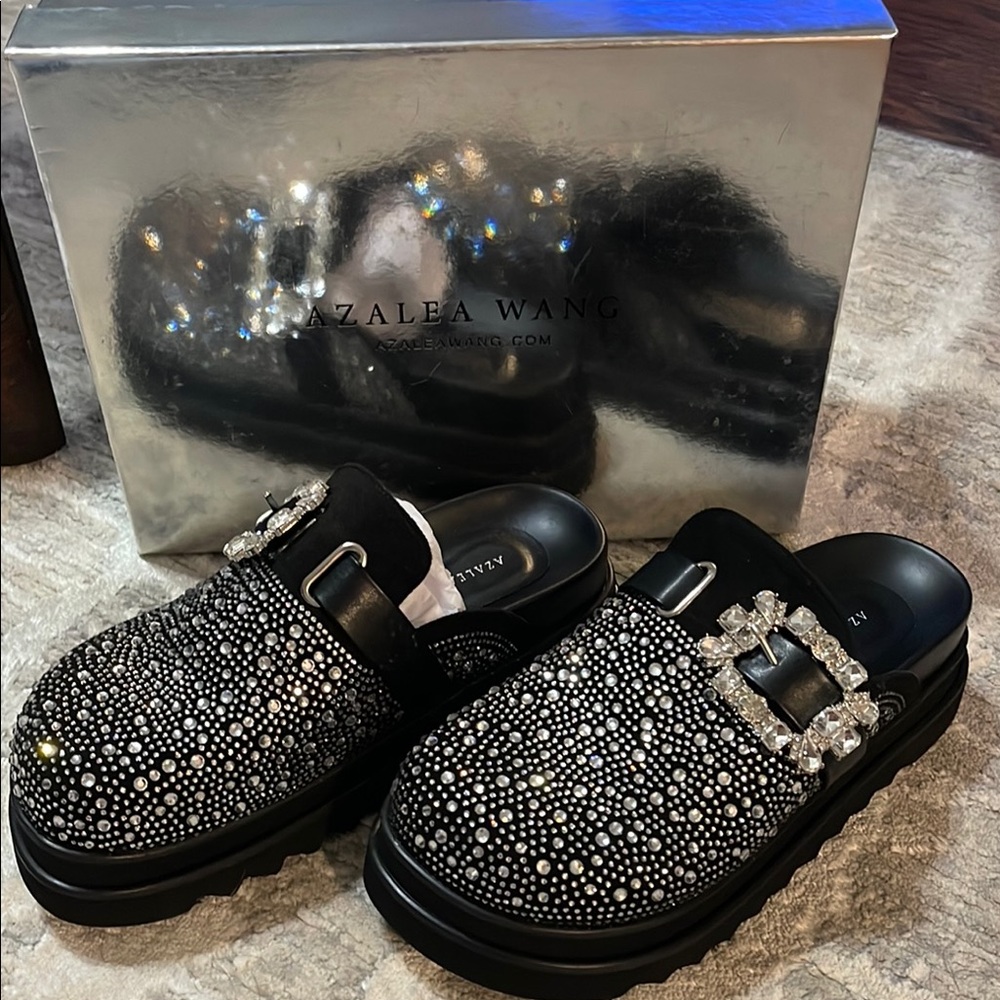 Black Crystal Embellished Mules with Plush Material
